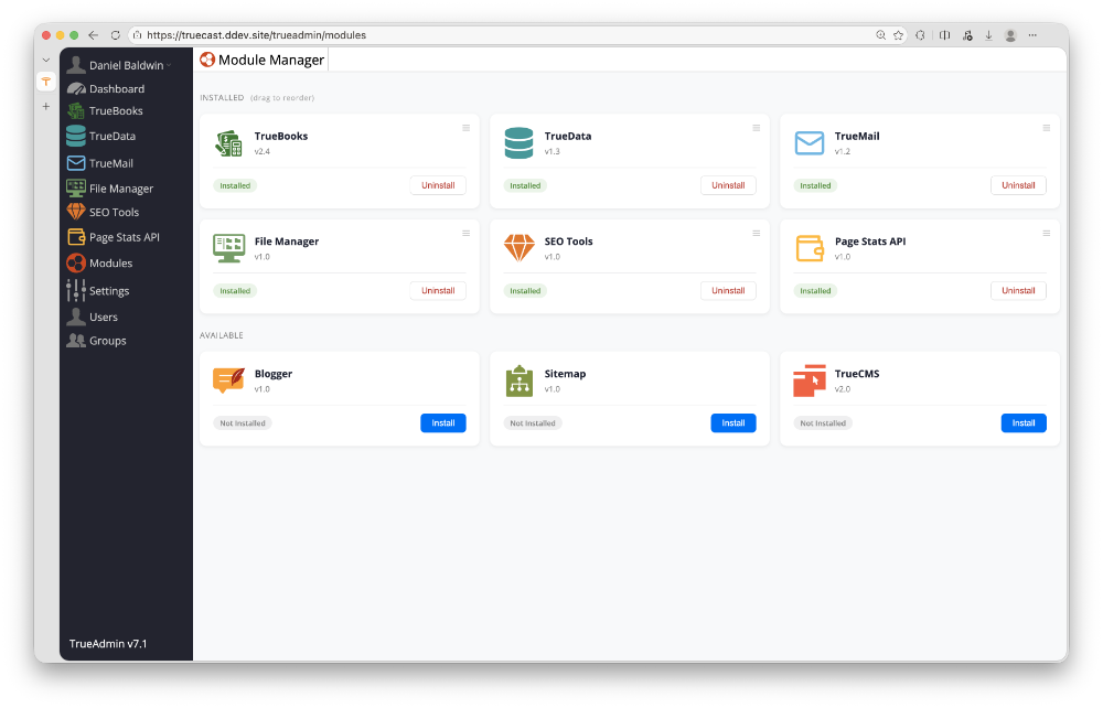 TrueAdmin dashboard and module interface