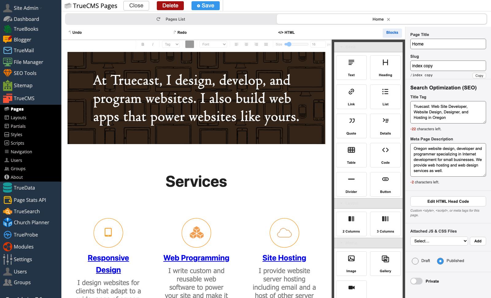 TrueCMS visual editor with the drag-and-drop Blocks panel open