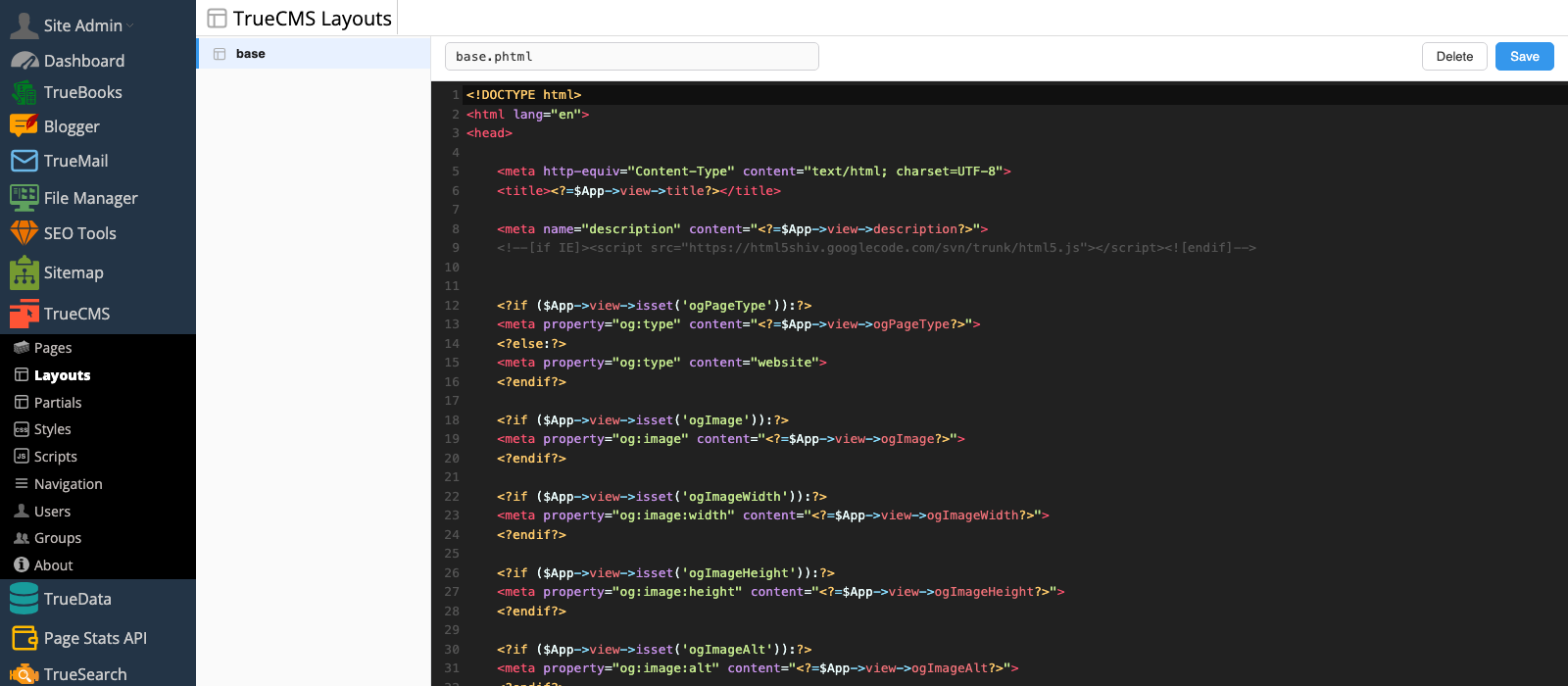 TrueCMS raw code editor showing a real layout file with syntax highlighting
