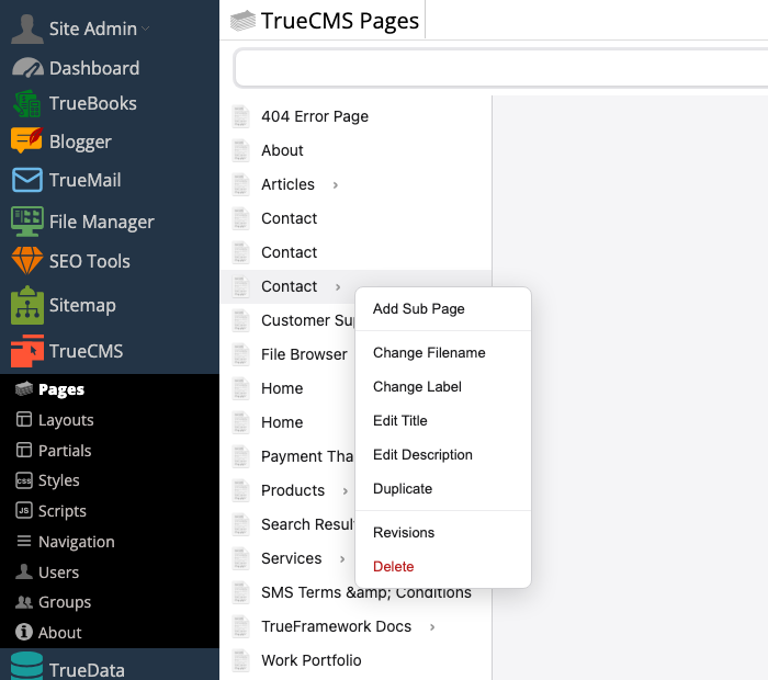 TrueCMS right-click page menu with Duplicate and Revisions options
