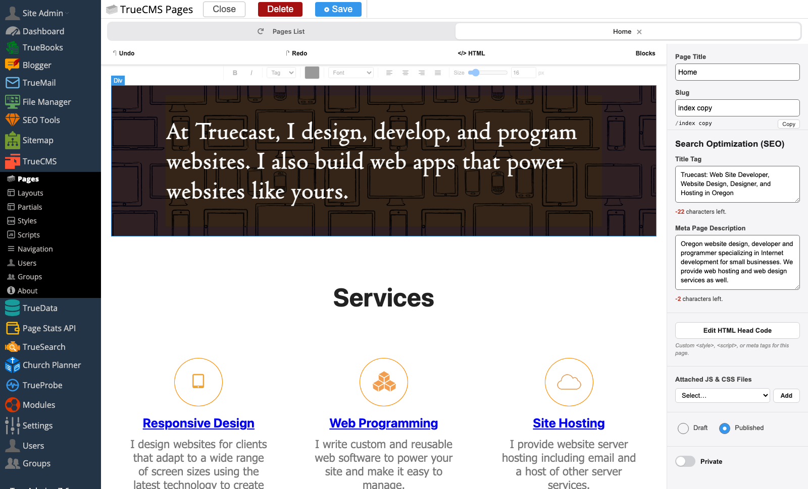 TrueCMS visual page editor