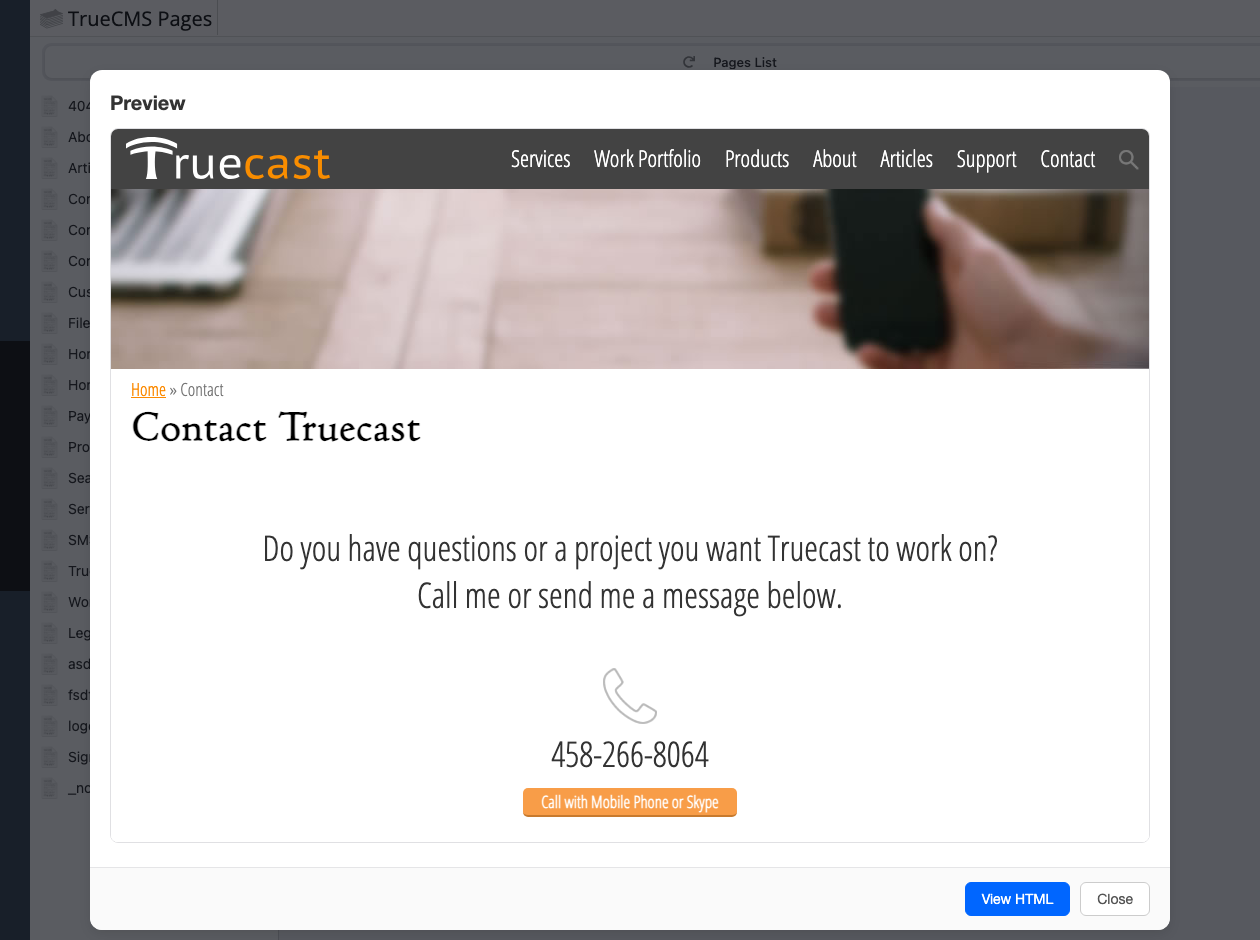 TrueCMS revision preview showing a past version of a page rendered in full