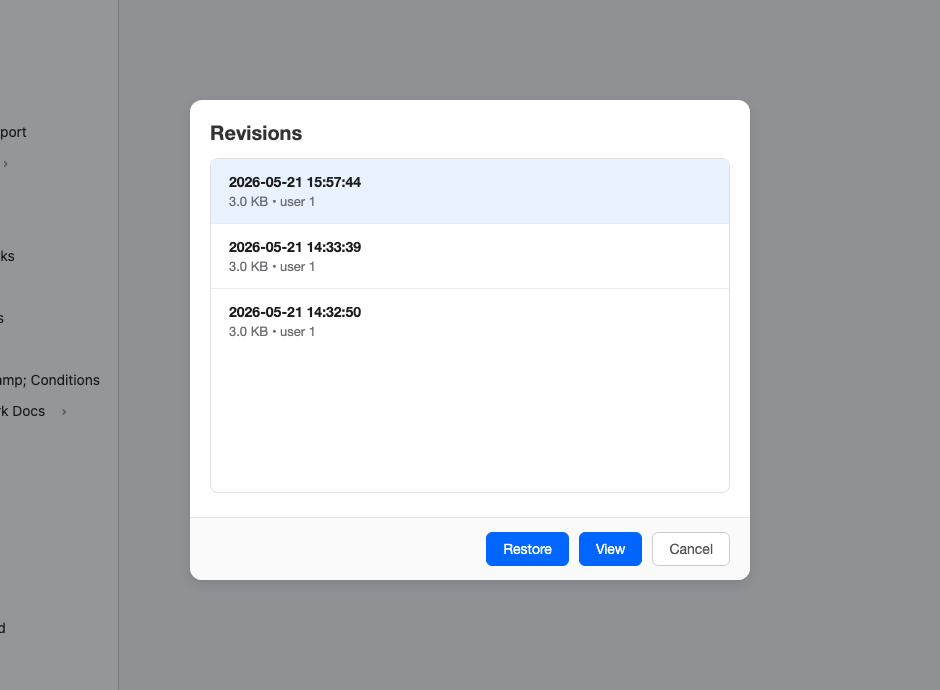 TrueCMS revision history list with timestamps and Restore button
