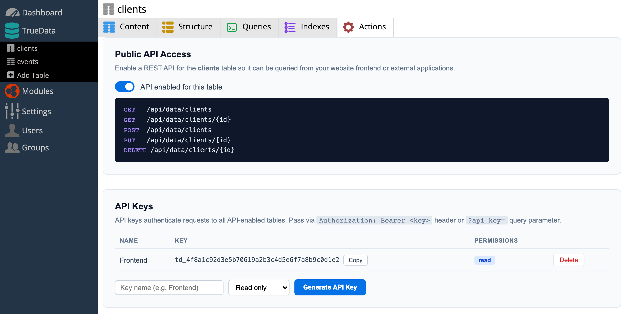 TrueData REST API endpoints and API key management for a table