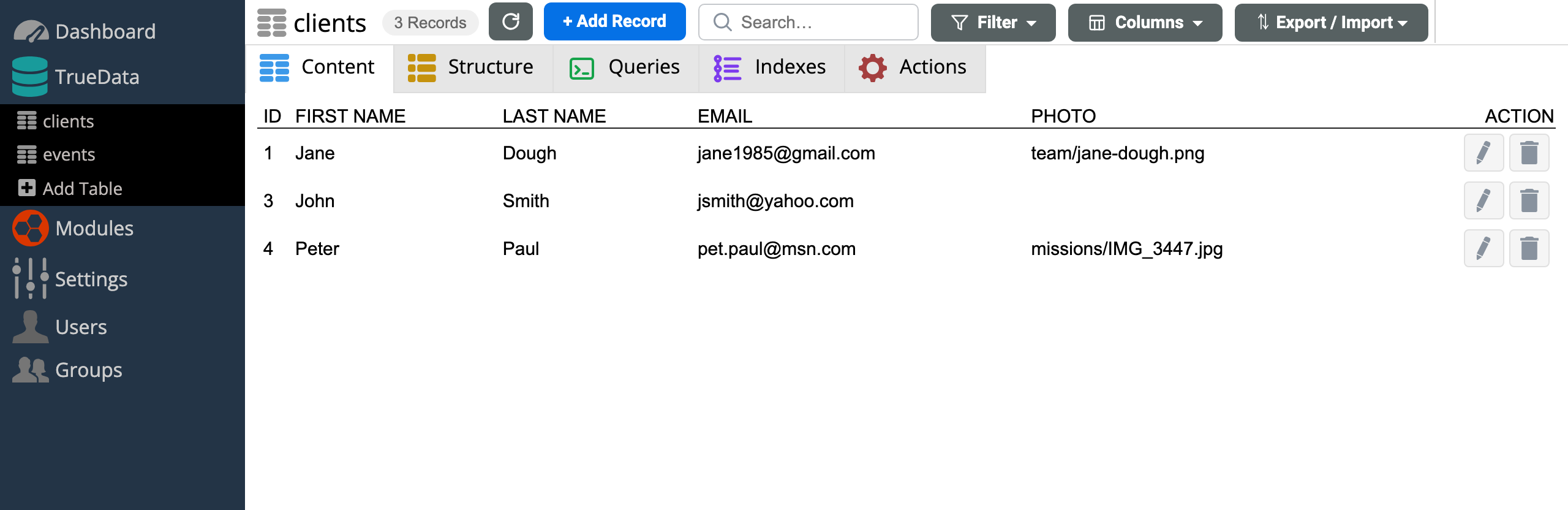 TrueData content list with search, filters, columns menu, and pagination