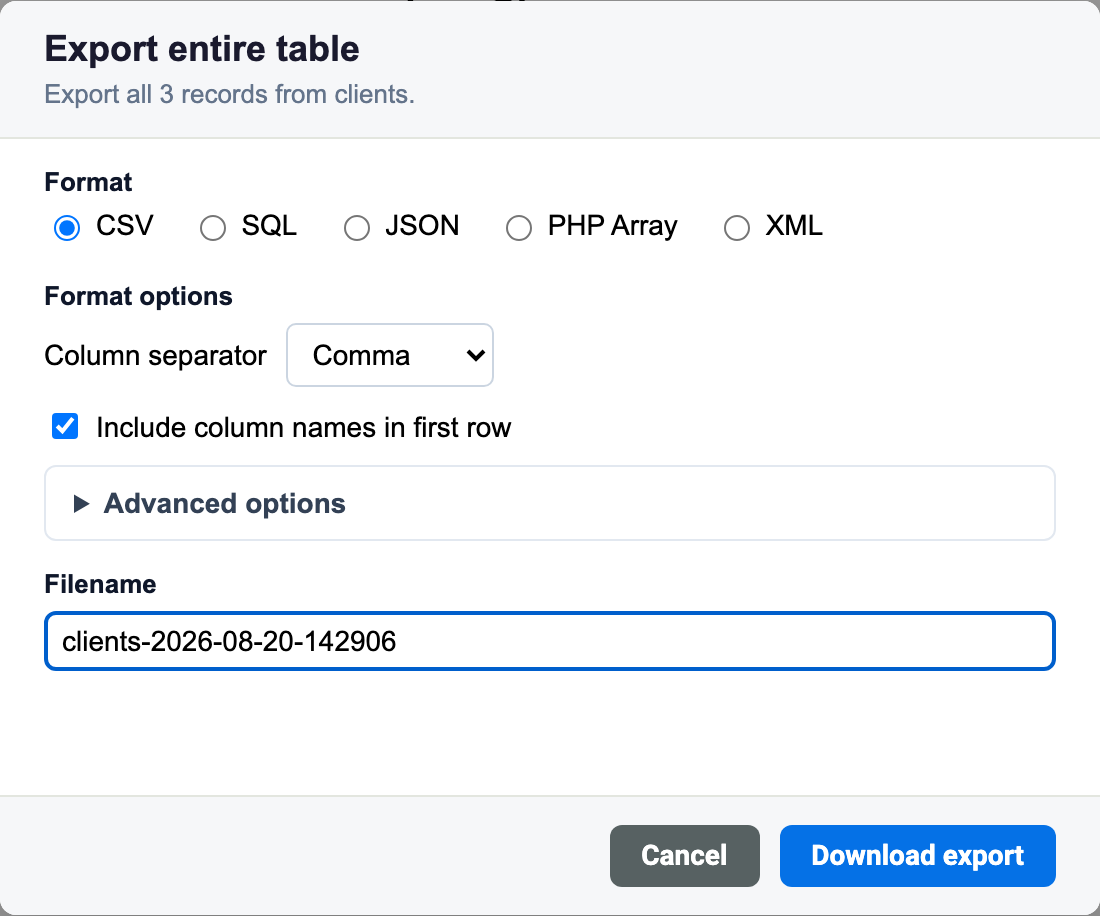 TrueData export dialog with CSV, SQL, JSON, PHP Array, and XML formats
