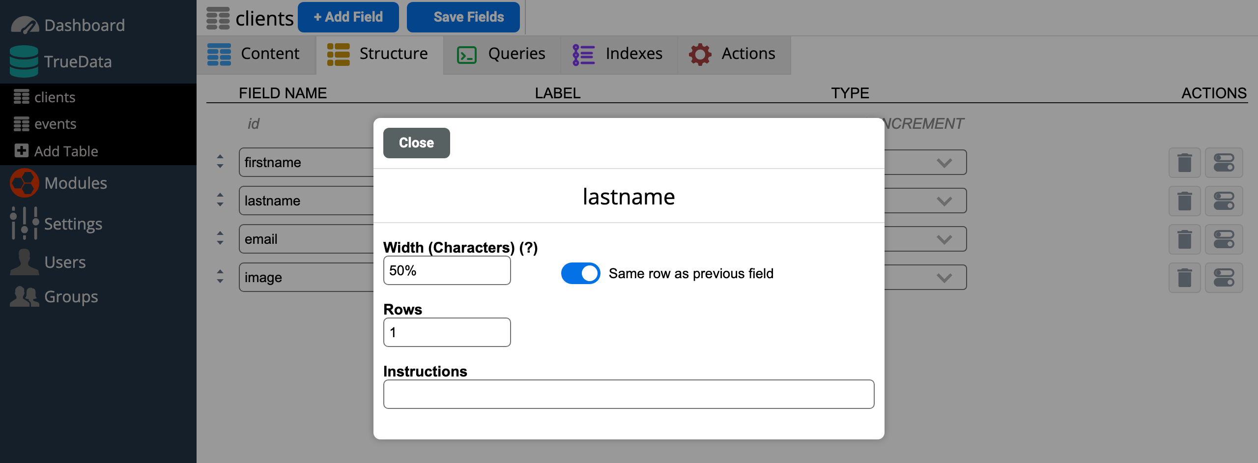 TrueData field settings with width, rows, instructions, and same-row toggle