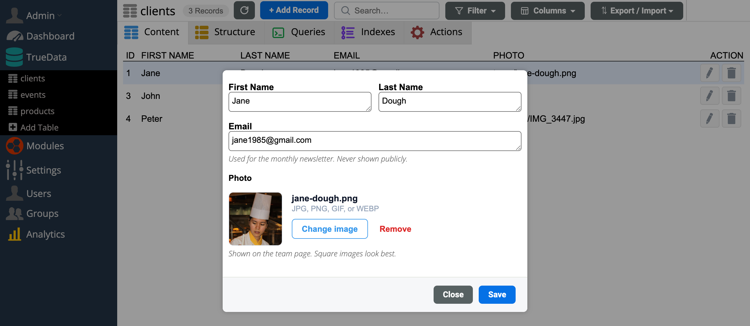TrueData simple record form