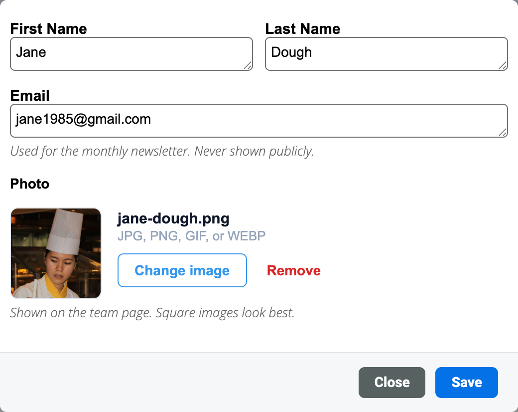 TrueData record editor with an image field showing thumbnail, Change image, and Remove
