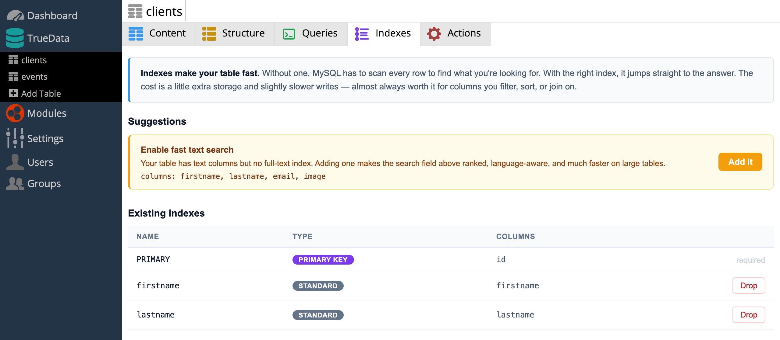 TrueData index management with smart suggestions