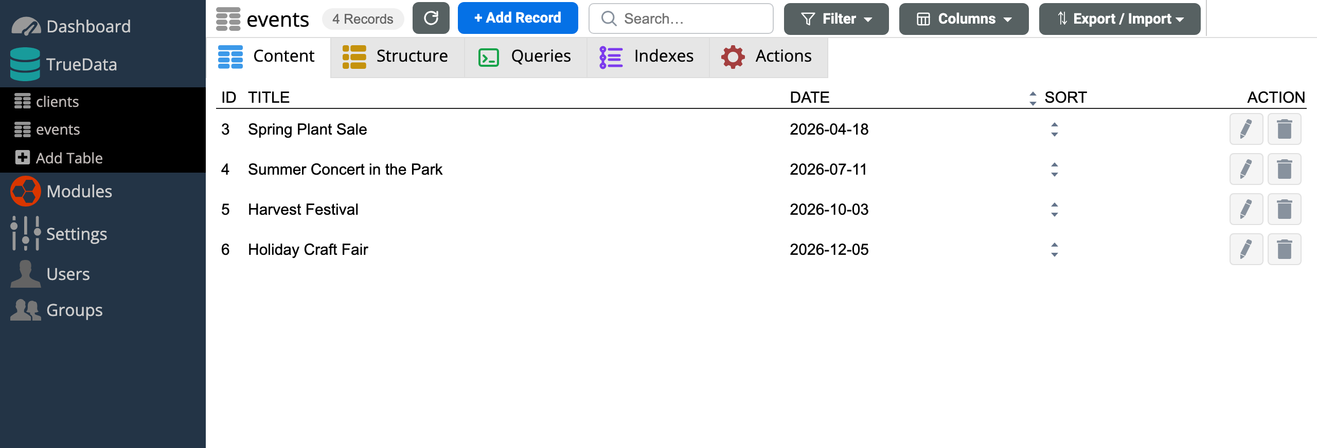 TrueData content list with drag handles for client-controlled record ordering