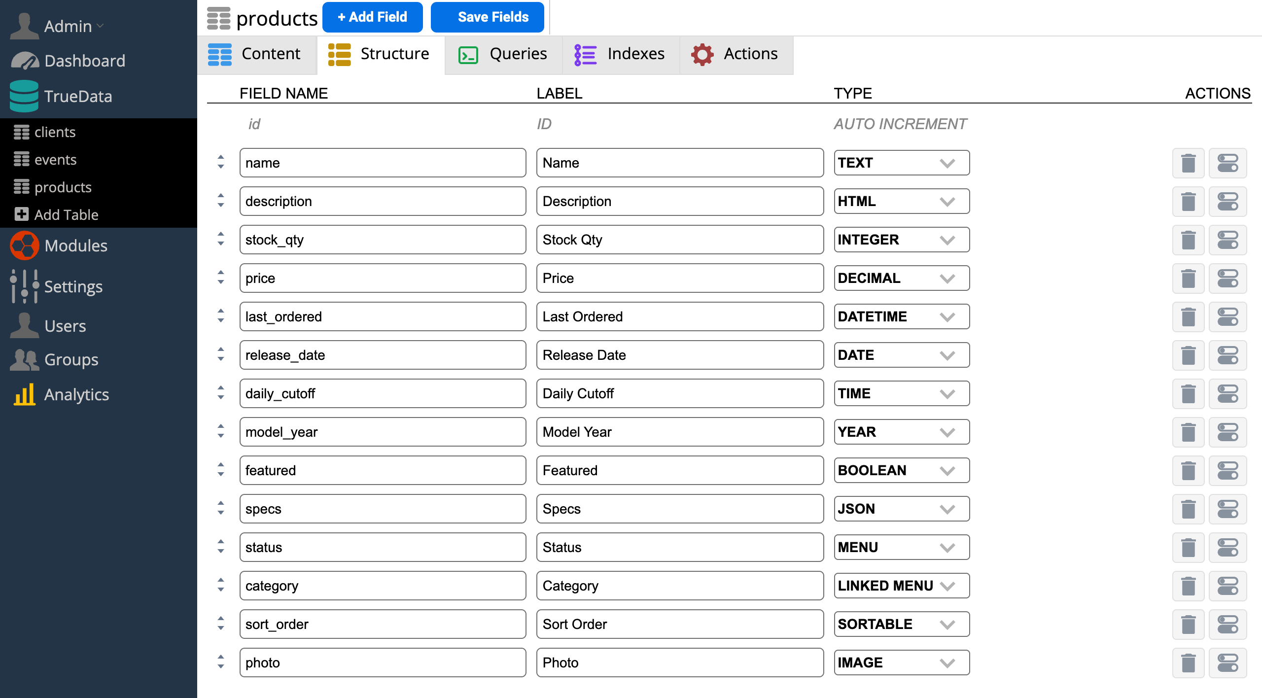 TrueData structure builder showing all fourteen field types: text, HTML, integer, decimal, datetime, date, time, year, boolean, JSON, menu, linked menu, sortable, and image